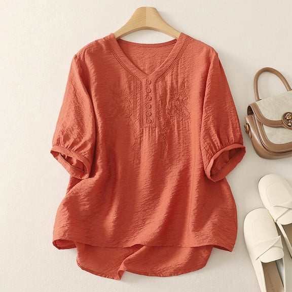 Women's V-Neck Top, Linen-Look Short Sleeve Blouse with Embroidered Detail, Breathable Casual Shirt for Everyday Wear