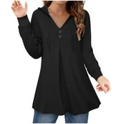 Women's V Neck Top Long Sleeve Hooded Tunic Tops Button Swing Pullover Tops Hoodie Soft Warm Sweatshirts Casual V Neck Women Short Pack