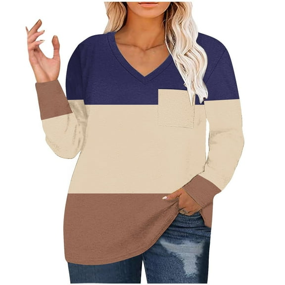 Women's V Neck Top Long Sleeve T-shirt Solid Color Block Pullover Comfy Loungewear Daily Sweatshirts Khaki 2XL