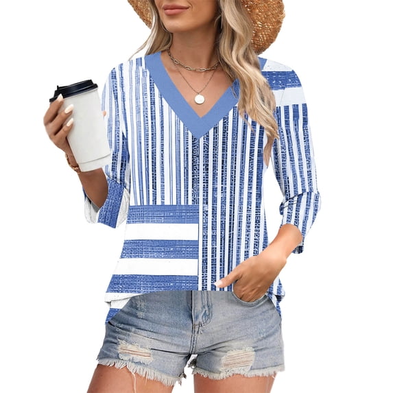 Women's V Neck Tops 3/4 Sleeve Stripes Pullovers Tops Summer Stylish Casual Basic Tunic Blouse Loose Fit (S, Light Blue-A)