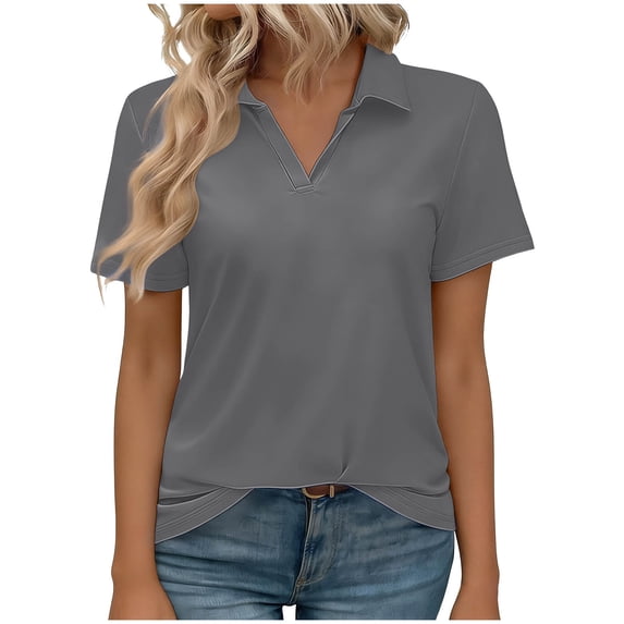 Women's V Neck Tops Dressy Casual Short Sleeve Blouses Lapel Collar Plain Tshirts Loose Fit Summer Shirts (S, Dark Gray)