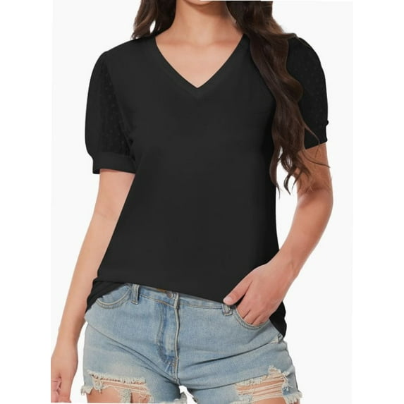 Women's V Neck Tops Puff Sleeve with Swiss Dot T-Shirts Summer Casual Loose Tshirts