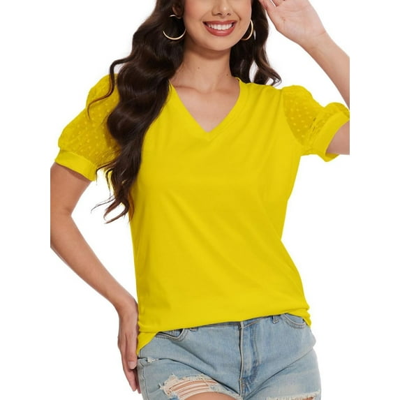 Women's V Neck Tops Puff Sleeve with Swiss Dot T-Shirts Summer Casual Loose Tshirts