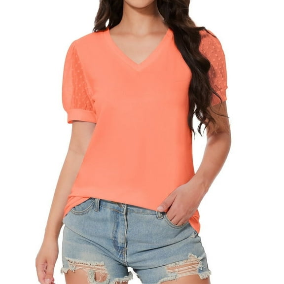 Women's V Neck Tops Puff Sleeve with Swiss Dot T-Shirts Summer Casual Loose Tshirts