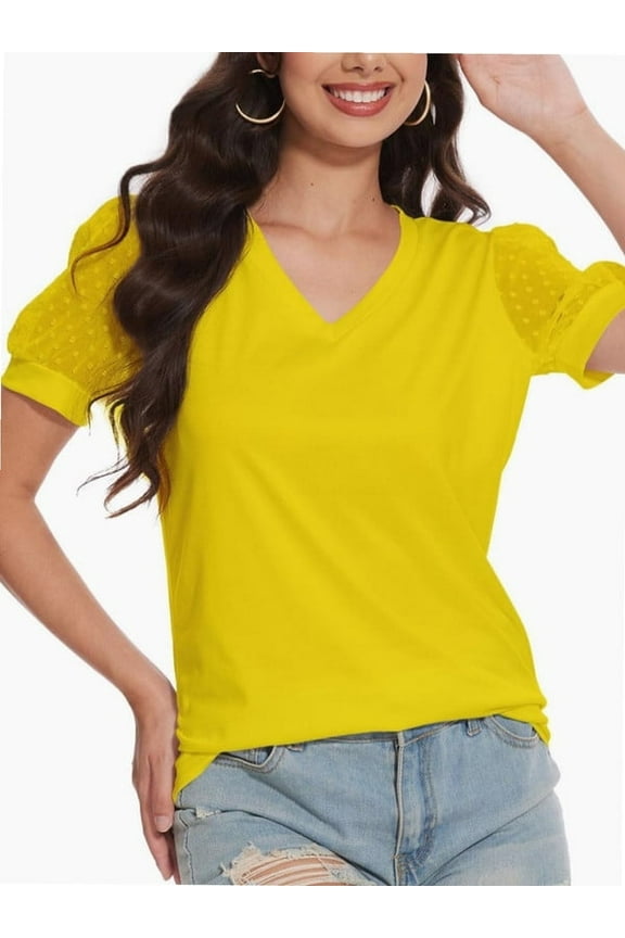 Women's V Neck Tops Puff Sleeve with Swiss Dot T-Shirts Summer Casual Loose Tshirts