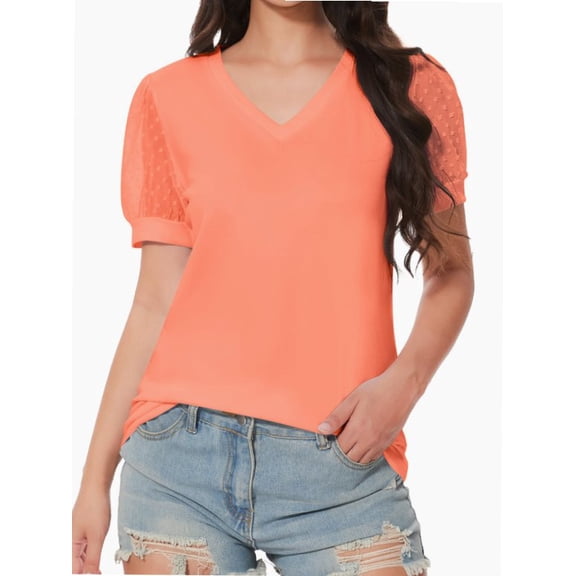 Women's V Neck Tops Puff Sleeve with Swiss Dot T-Shirts Summer Casual Loose Tshirts