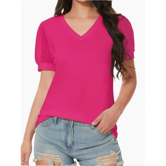 Women's V Neck Tops Puff Sleeve with Swiss Dot T-Shirts Summer Casual Loose Tshirts