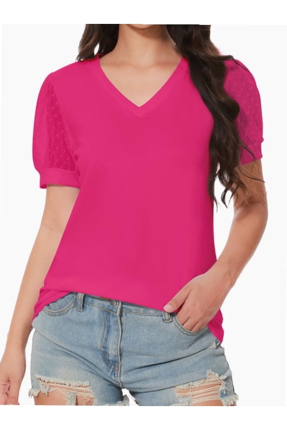 Women's V Neck Tops Puff Sleeve with Swiss Dot T-Shirts Summer Casual Loose Tshirts