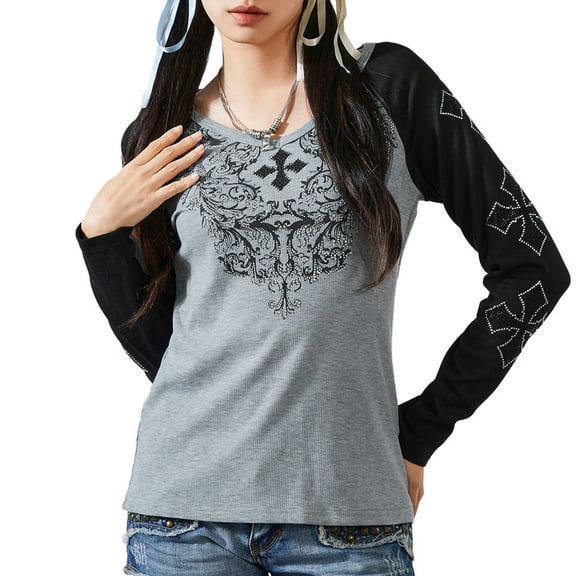 Women's V Neck Tops Rhinestone Cross Pattern Long Sleeve Slim Fit Raglan T-Shirts Grunge Blouses