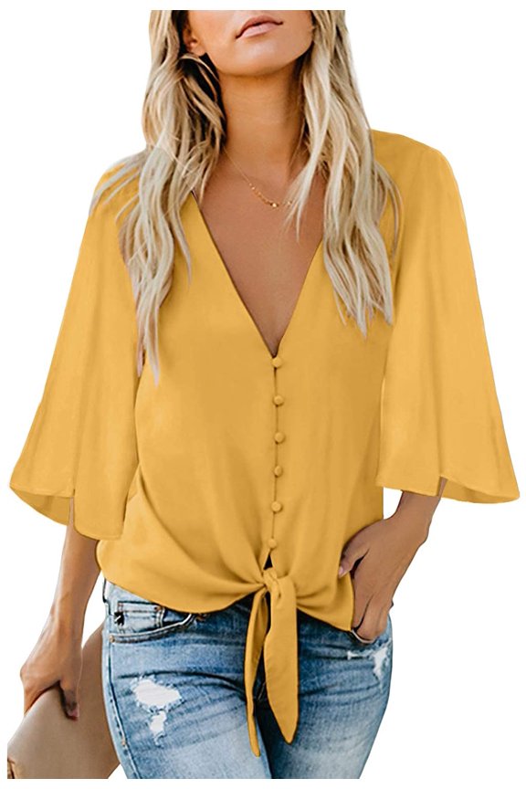 Women's V Neck Tops Ruffle 3/4 Sleeve Tie Knot Blouses Button Down Shirts