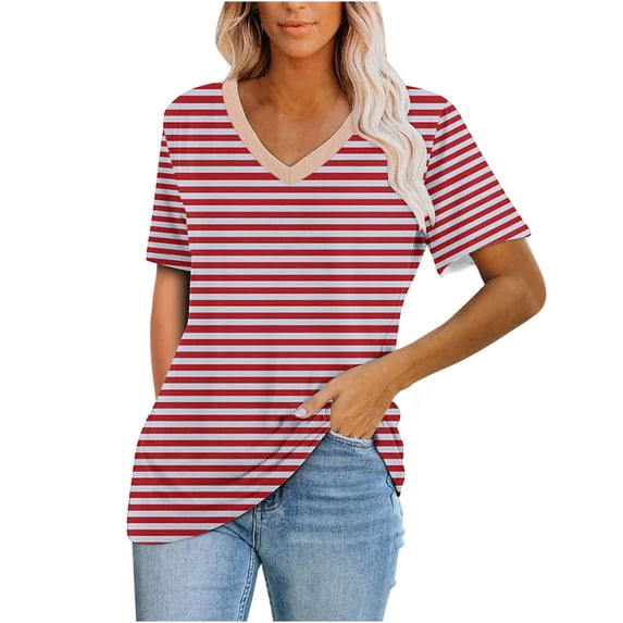 Women's V Neck Tops Striped Short Sleeve Loose Shirts Casual Summer Tees Clothes for Womens