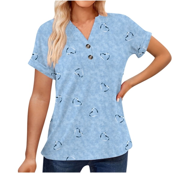 Women's V Neck Tops Summer Cute Hearts Print Button Short Sleeve Casual Loose Fit Tunic Shirts Blouses (L, Sky Blue)