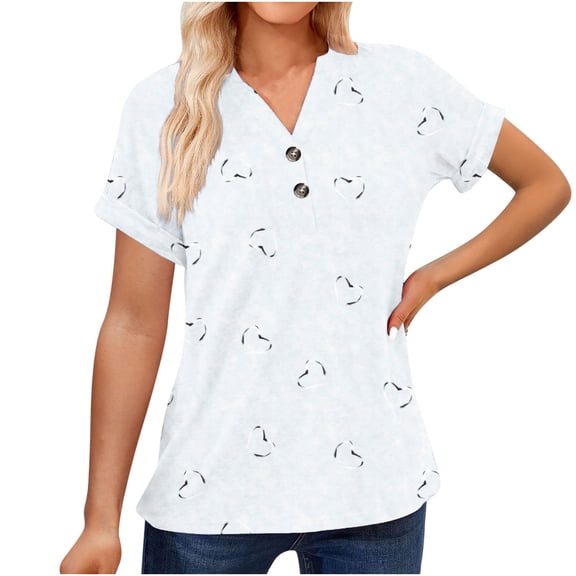 Women's V Neck Tops Summer Cute Hearts Print Button Short Sleeve Casual Loose Fit Tunic Shirts Blouses (XL, White)