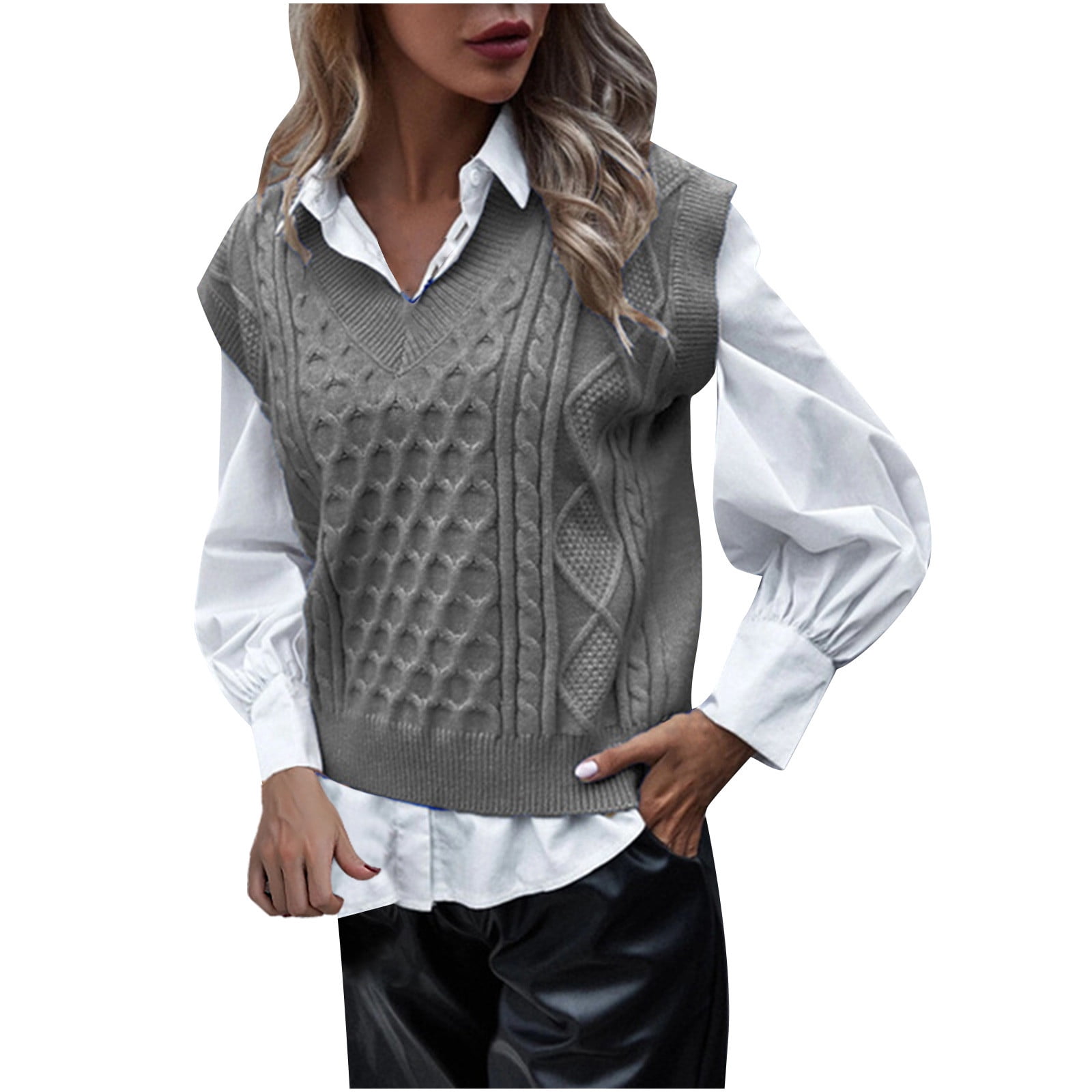 Women's V Neck Trendy Sweater Vest Cable Soft Knitted Sleeveless Knitwear  Solid Color Warm Thermal knitted waistcoat 