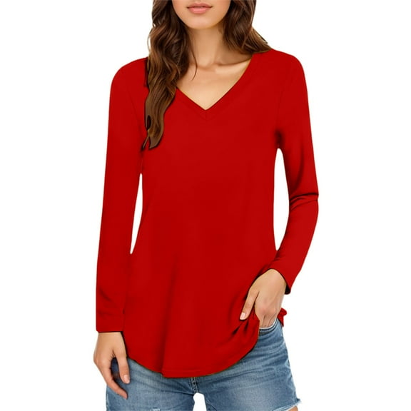 Women's V Neck Tunic Top Long Sleeve Blouse Soft Comfortable Casual Ladies T-Shirt Stylish Loose Fit Tee