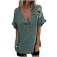 thumbnail image 1 of Women's V-Neck Tunic Top - Short Sleeve Side Button Shirt, Cotton Linen Blend Breathable Blouse, Solid Color Comfort Fit Boho Chic 2025 Summer, 1 of 9