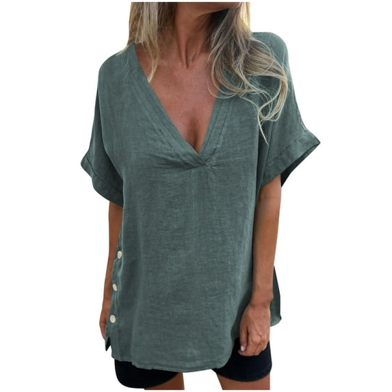 Women's V-Neck Tunic Top - Short Sleeve Side Button Shirt, Cotton Linen Blend Breathable Blouse, Solid Color Comfort Fit Boho Chic 2025 Summer