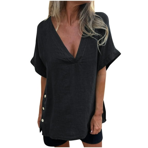 Women's V-Neck Tunic Top - Short Sleeve Side Button Shirt, Cotton Linen Blend Breathable Blouse, Solid Color Comfort Fit Boho Chic 2025 Summer