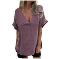thumbnail image 1 of Women's V-Neck Tunic Top - Short Sleeve Side Button Shirt, Cotton Linen Blend Breathable Blouse, Solid Color Comfort Fit Boho Chic 2025 Summer, 1 of 9