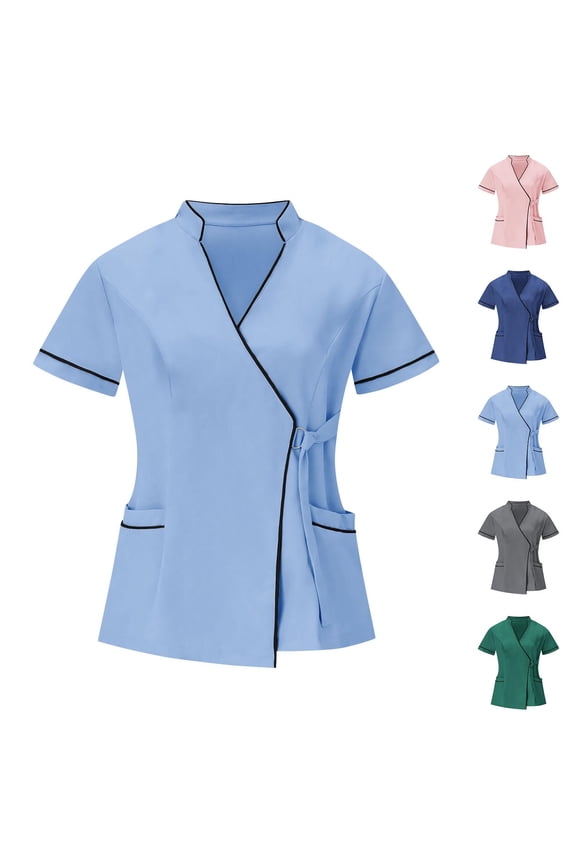 Women's V-Neck Tunic Top Uniform for Nurses Carers Clinic Staff Protective Clothing Casual Work Office Medical Scrubs Fashion Essential | CSEONE,Dark Blue L