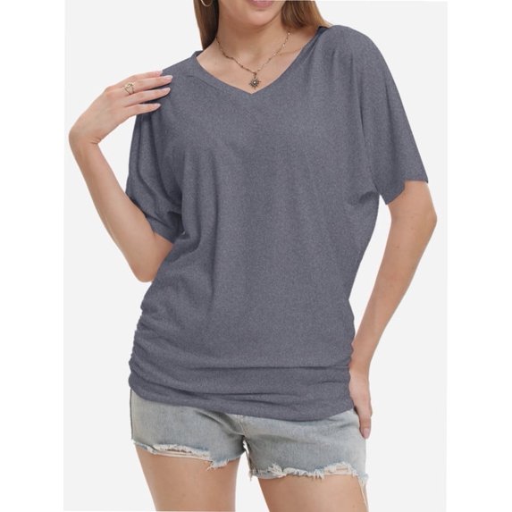 Women's V Neck Tunic Tops Short Sleeve T Shirts with Side Shirring Ruched Blouse Shirts