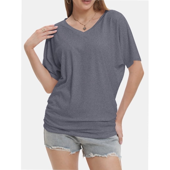 Women's V Neck Tunic Tops Short Sleeve T Shirts with Side Shirring Ruched Blouse Shirts