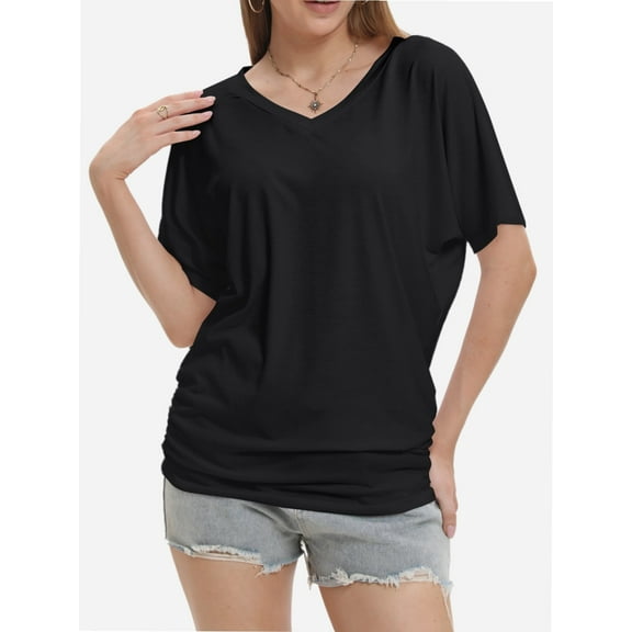 Women's V-Neck Tunic Top - Short Sleeve Ruched Blouse with Side Shirring, Casual T-Shirt Style Shirt
