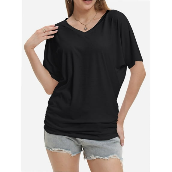 Women's V-Neck Tunic Top - Short Sleeve Ruched Blouse with Side Shirring, Casual T-Shirt Style Shirt