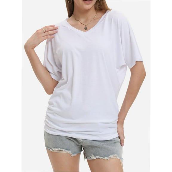 Women's V-Neck Tunic Top - Short Sleeve Ruched Blouse with Side Shirring, Casual T-Shirt Style Shirt