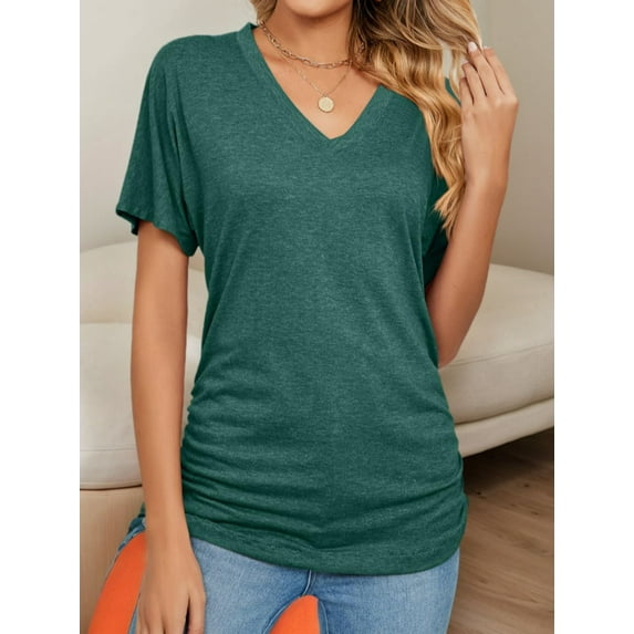 Women's V Neck Tunic Tops Short Sleeve T Shirts with Side Shirring Ruched Blouse Shirts