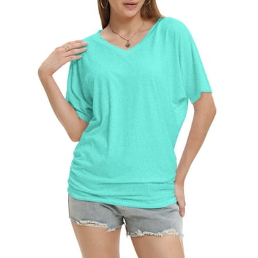 Women's V Neck Tunic Tops Short Sleeve T Shirts with Side Shirring Ruched Blouse Shirts