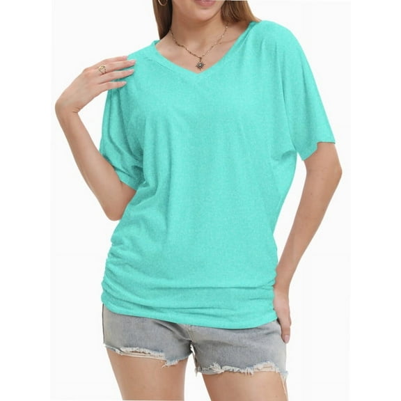 Women's V Neck Tunic Tops Short Sleeve T Shirts with Side Shirring Ruched Blouse Shirts