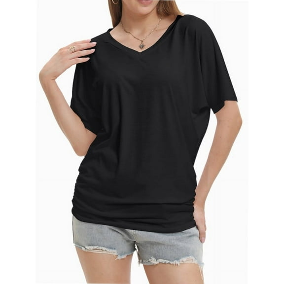Women's V Neck Tunic Tops Short Sleeve T Shirts with Side Shirring Ruched Blouse Shirts
