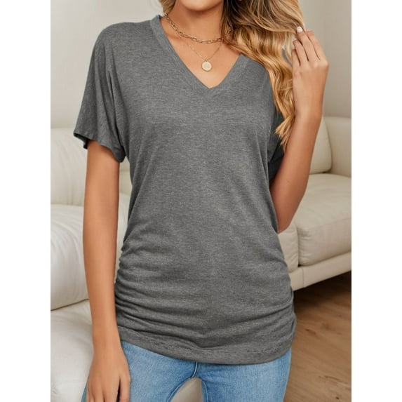 Women's V Neck Tunic Tops Short Sleeve T Shirts with Side Shirring Ruched Blouse Shirts