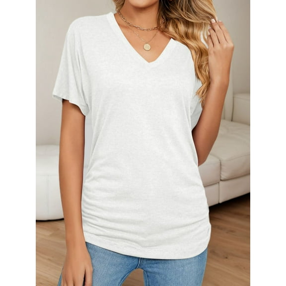 Women's V Neck Tunic Tops Short Sleeve T Shirts with Side Shirring Ruched Blouse Shirts