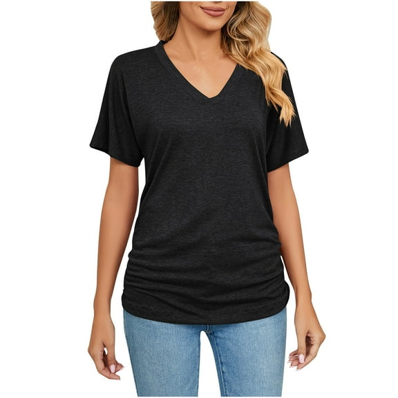 Women's V Neck Tunic Tops Short Sleeve T shirts with Side Shirring Ruched Blouse shirts