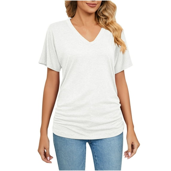 Women's V Neck Tunic Tops Short Sleeve T shirts with Side Shirring Ruched Blouse shirts