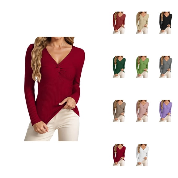 Women's V-Neck Twist Knot Long Sleeve Ribbed Knit Pullover Sweater – Slim Fit, Lightweight, Solid Color for Casual Everyday Wear