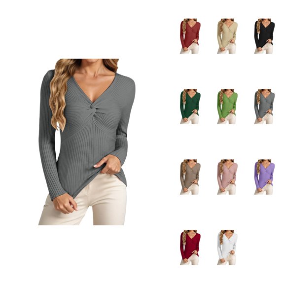 Women's V-Neck Twist Knot Long Sleeve Ribbed Knit Pullover Sweater – Slim Fit, Lightweight, Solid Color for Casual Everyday Wear