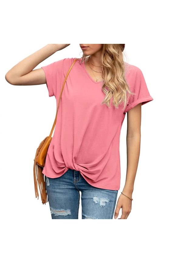 Women's V Neck Twist Knot Shirts Comfy Casual Short Sleeve Summer Tops Pink 2XL