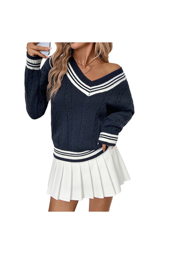 Women's V Neck Twisted Sweaters Color Block Jumper Tops Long Sleeve Fall Knitted Pullover Tops Navy M