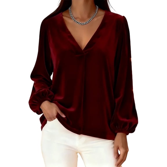 Women's V-Neck Velvet Top Puff Long Sleeve Elegant Blouse Fall Winter Vintage Holiday Party Pullover Shirt