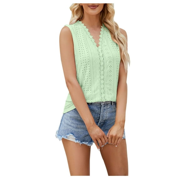 Women's V Neck Vest Tops Summer Lace Patchwork Sleeveless Sexy Vests Fashion Solid Color Eyelet Embroidered T Shirts Summer Casual Tank Tops Camisole for Ladies and Girls
