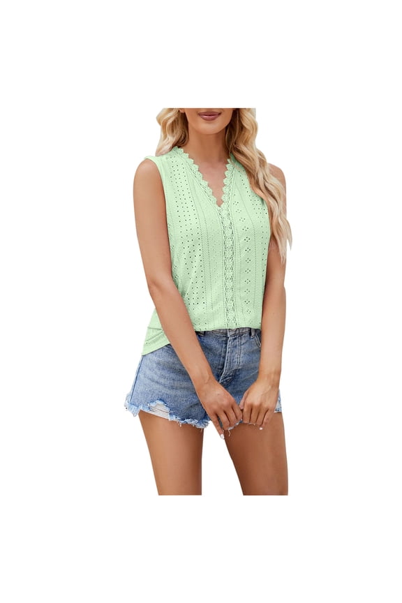 Women's V Neck Vest Tops Summer Lace Patchwork Sleeveless Sexy Vests Fashion Solid Color Eyelet Embroidered T Shirts Summer Casual Tank Tops Camisole for Ladies and Girls