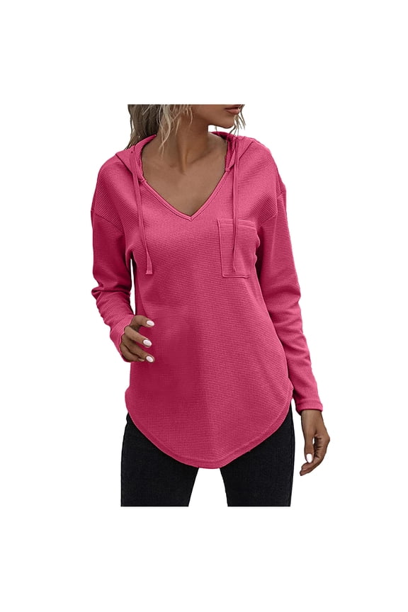 Women's V Neck Waffle Knit Hoodies with Pockets Solid Casual Long Sleeve Drawstring Tunic Tops Fall Workout Shirts (Hot Pink,S)