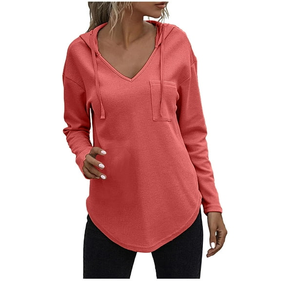 Women's V Neck Waffle Knit Hoodies with Pockets Solid Casual Long Sleeve Drawstring Tunic Tops Fall Workout Shirts (Watermelon Red,M)