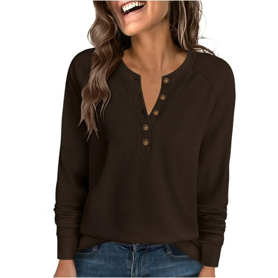 Women's V Neck Waffles Sweater Henley Long Sleeves Button Up Lightweight Pullover Shirt Casual Loose Sweaters Tops for Fall Winter