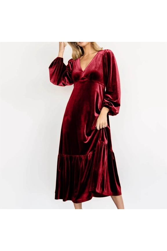 Women's V Neck Waist Cinching Puff Sleeve Velvet Ruffle Long Dress V Neck Maxi Dress for Women Petite Dress Mini for Women Short Dresses for Women Casual Summer Dress for Women Short Wrap Dress Women