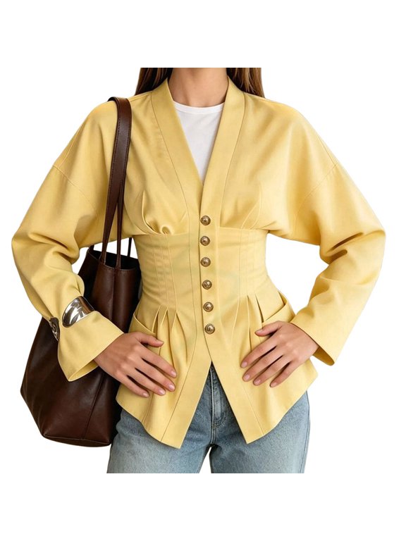 Women's V‑Neck Waist‑Tucked Pleated Single‑Breasted Long Sleeve Jacket Yellow L