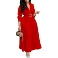 thumbnail image 1 of Women's V-Neck Waisted Pleated Seven-Part Sleeve Solid Color Belted Dress, 1 of 12
